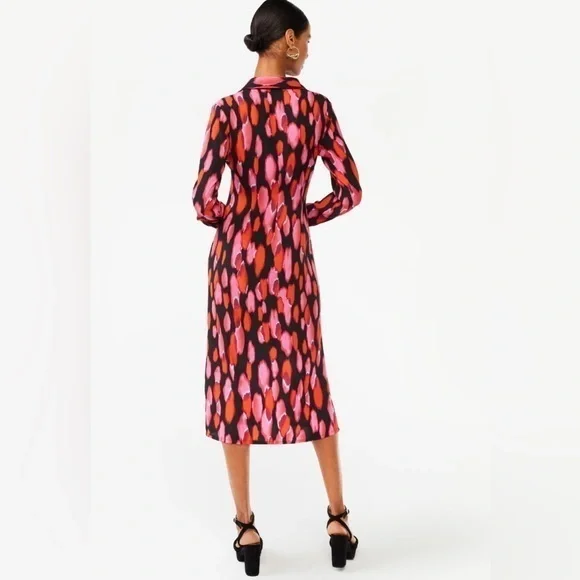 SCOOP MIDI SHIRT DRESS WITH RUCHING PINK BRUSH‎ DOT - Picture 3 of 8